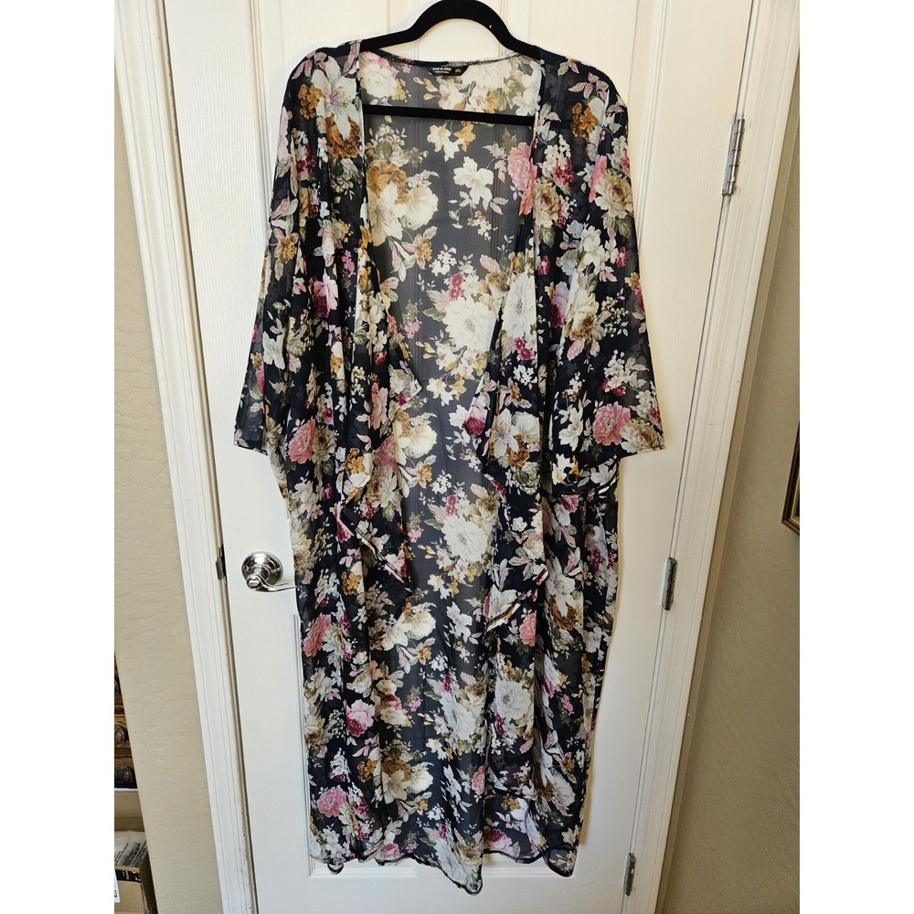 Shein Curve Sheer Kimono Duster Floral Cover-Up 3/4 Sleeves Boho, Plus 3XL